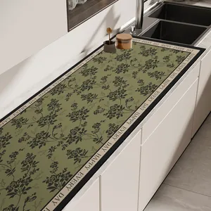 Absorbent leather kitchen countertop mat with vintage floral pattern and border text