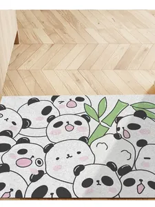 Detailed view of cute cartoon panda print on a durable PVC silk loop entrance mat
