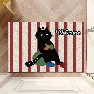 Zerbino decorativo con gatto nero, strisce rosse e scritta Welcome per ingresso casa