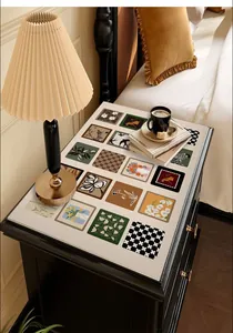 Detailed view of French vintage waterproof leather table mat with artistic tile patterns