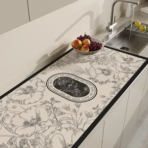 Floral absorbent kitchen countertop mat with non-slip leather finish and elegant print