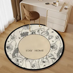 Tappeto rotondo in velluto stile francese con fiori e testo Stay Home per zona trucco