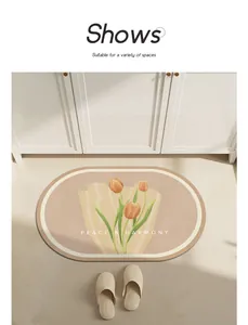 Tapis de bain ovale en terre de diatomée au design de tulipes et texte de paix élégant