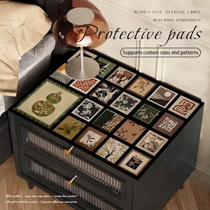 Vintage leather bedside table mat with retro floral patterns for surface protection
