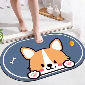 Langlebige ovale Badematte aus Diatomeenschlamm mit süßem Corgi-Design im Badezimmer