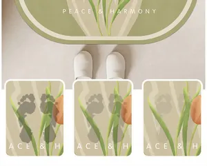 Tapis de bain en terre de diatomée au motif tulipe montrant l'absorption rapide de l'eau