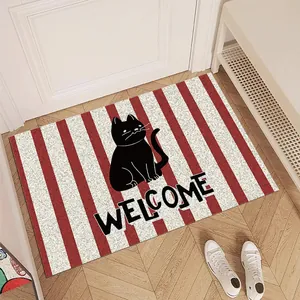 Zerbino moderno a righe bianche e rosse con gatto nero e scritta di benvenuto Welcome