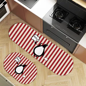 Set tappetini cucina a righe rosse e bianche con pinguino e fumetto Hello