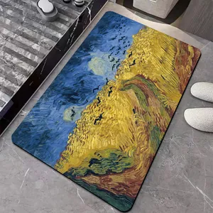 Artistic oil painting pattern diatom mud absorbent non-slip bath mat for bathroom