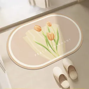 Tapis de Bain en Terre de Diatomées Tulipe Absorbant Antidérapant pour Toilettes Décoration Ovale Floral Moquette