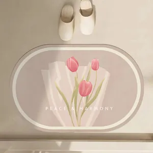 Tapis de bain ovale élégant en terre de diatomée avec motif tulipes et texte Peace & Harmony.
