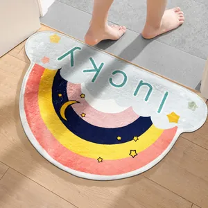 Soft semi-circular rainbow bathroom floor mat with Lucky text and starry sky pattern