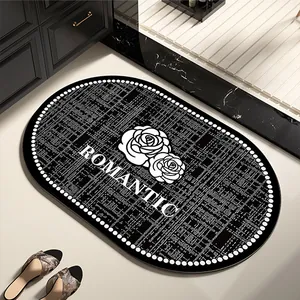 Tapis de bain de luxe style tweed avec motif rose, absorbant et antidérapant, noir