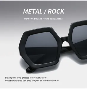 Detailed close-up of retro black polygon sunglasses with a thick PC frame design