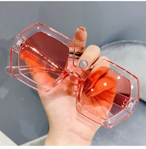 Close-up of oversized retro polygonal sunglasses with stylish pink gradient lenses
