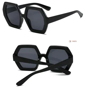 Front and back detailed views of oversized black hexagonal vintage polygon sunglasses