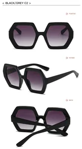 Detailed views of stylish oversized hexagonal sunglasses with gradient purple lenses