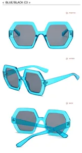 Multi-angle views of retro oversized blue hexagonal sunglasses with grey lenses