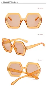 Detailed views of oversized hexagonal orange sunglasses shown from three different angles