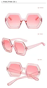 Detailed views of vintage oversized hexagonal sunglasses with pink gradient lenses
