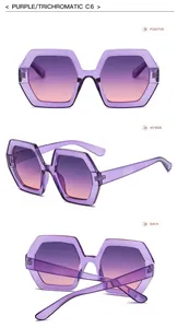 Retro hexagonal purple gradient sunglasses displayed from front, 45-degree side, and back angles