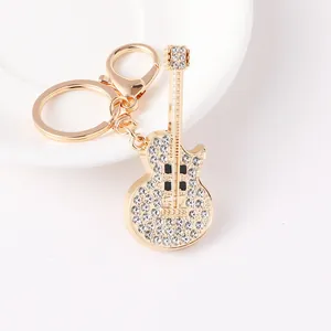 Creative Metal Rhinestone Guitar Model Keychain For Women Men Car Key Ring Bag Pendant Ornament Instrument Musical Gift