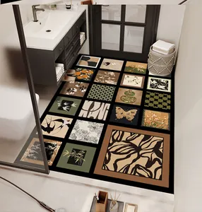 Detailed view of mid-century artistic patchwork floor mat in bathroom setting