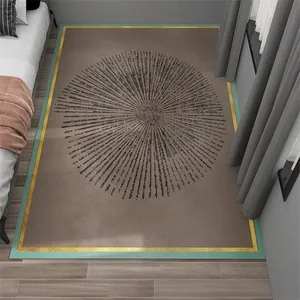 Noords slaapkamer tapijt met zonnestraal patroon en goud mintgroene decoratieve rand