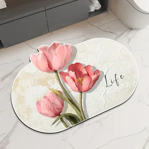 Saugfähige Badematte im Ölmalerei-Stil mit rosa Tulpen und rutschfester Unterseite