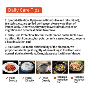 Instructional guide for oil-proof and heat-resistant table mat cleaning and maintenance tips.