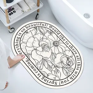 Oval soft diatom mud absorbent bathroom mat with black and white floral line art