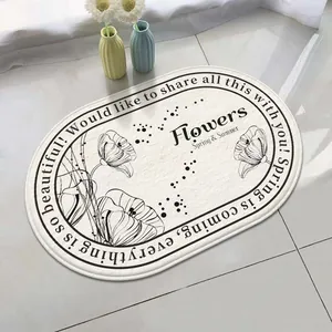 Oval lamb velvet bath mat with floral patterns and spring-themed English quotes.