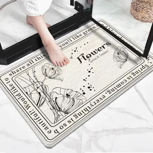 Detailed view of soft lamb velvet non-slip bathroom mat featuring elegant black floral print