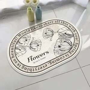 Oval lamb velvet bath mat with floral print and English text in a home setting