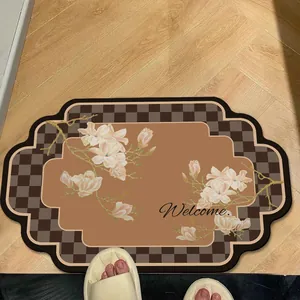 Vintage floral absorbent leather bath mat with checkerboard border and Welcome greeting