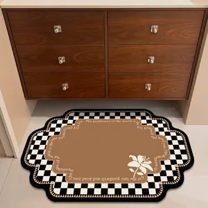 Retro checkerboard leather bath mat with floral design and elegant English text