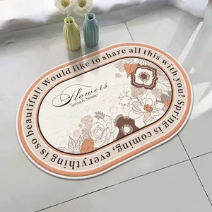 Macro detail of oval floral lamb velvet bath mat with Spring slogan on a clean tile floor