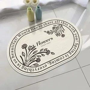 Oval non-slip lamb velvet bath mat with elegant floral pattern for home decor