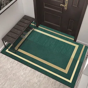 Paillasson d'entrée vert foncé moderne avec des bordures géométriques dorées chic