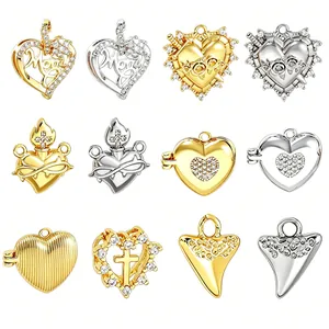 Copper Gold Silver Plated Hollow Heart Locket Pendant With Rhinestone Shark Tooth Cross Mom Charm For DIY Jewelry Making