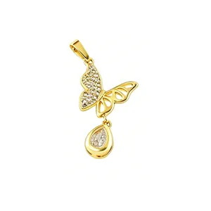 Detail of a gold-plated butterfly pendant with sparkling zircon inlays.