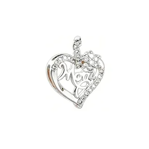 Detailed view of silver heart locket pendant with Mom inscription and sparkling cubic zirconia