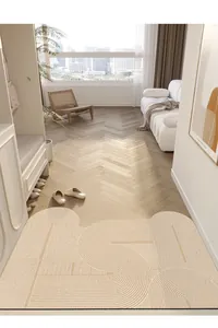 Vue de l'entrée du tapis en PVC crème aux motifs géométriques minimalistes et sobres