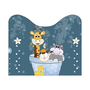 Cartoon animal U-shaped toilet rug featuring cute giraffe and hippo patterns for bathroom