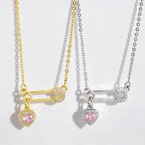 Élégant Collier Épingle de Sûreté en Cuivre Plaqué Or pour Femmes Avec Pendentif Cœur en Zirconia Rose Bijoux Mode