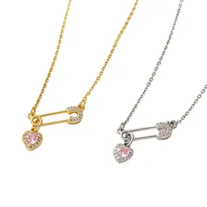 Colliers élégants avec épingle à nourrice et pendentif cœur en zircon rose, or et argent