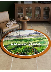 Tapis rond vert de style américain avec motif de champ de blé dans un salon confortable