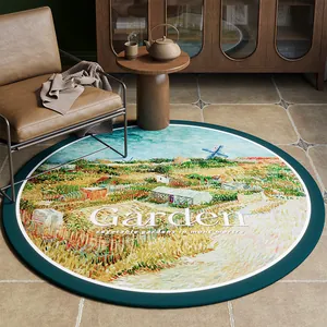 Tapis rond vert artistique avec imprimé paysage de Van Gogh pour chambre et bureau