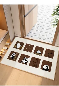 Non-slip Belgian velvet doormat with cute panda patterns in cream and brown entrance decor.