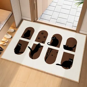 Cream Belgian velvet entry mat with cute black cat silhouettes in a cozy entryway